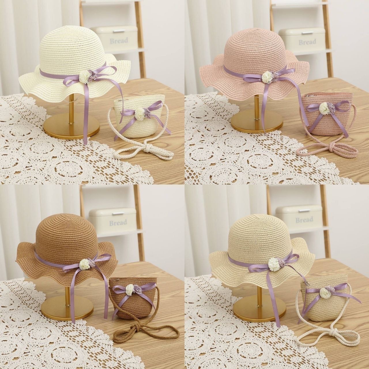 ست کیف و کلاه دخترانه حصیری روبان دار- وارداتی